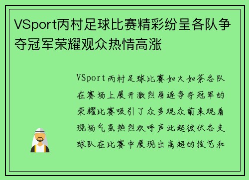 VSport丙村足球比赛精彩纷呈各队争夺冠军荣耀观众热情高涨