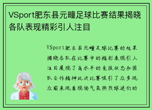 VSport肥东县元疃足球比赛结果揭晓各队表现精彩引人注目